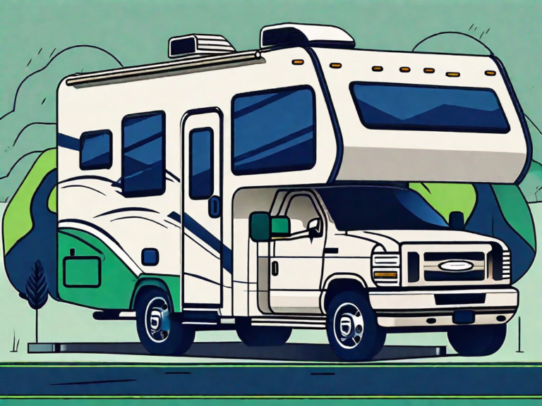 Foundations of Success: A Beginner's Guide to RV Dealership Management 3 A pristine rv parked in a dealership lot with a noticeable growth chart and management tools subtly incorporated into the background