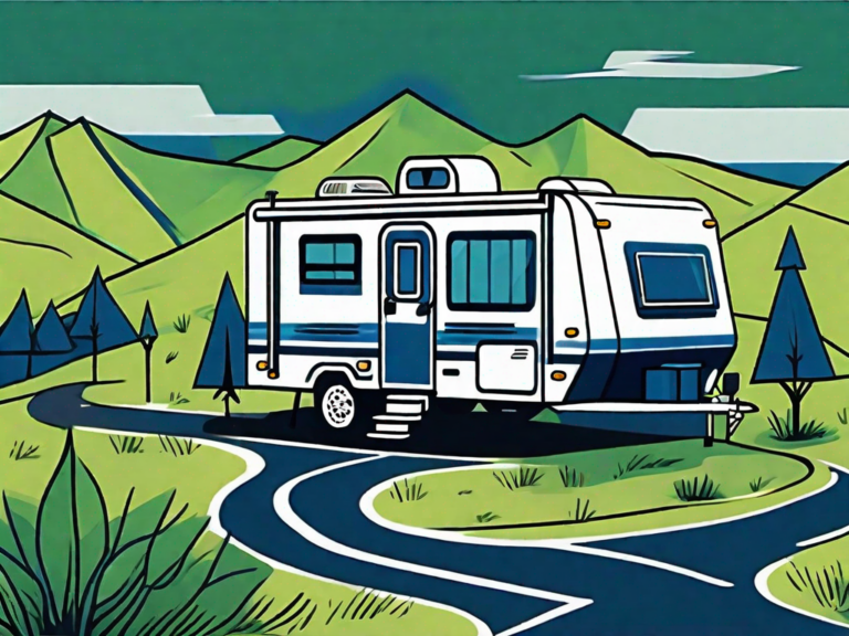 Navigating the Pre-Owned Path: 7 Success Tips for Used RV Dealership Owners 8 A well-kept pre-owned rv on a winding path surrounded by seven signposts representing success tips