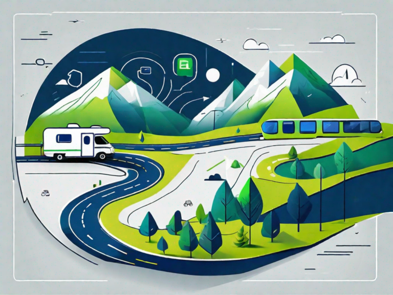 Digital Drive: Navigating the Landscape of Digital Marketing for RV Dealerships 7 An rv driving on a road that is winding through a landscape made up of digital marketing symbols like seo