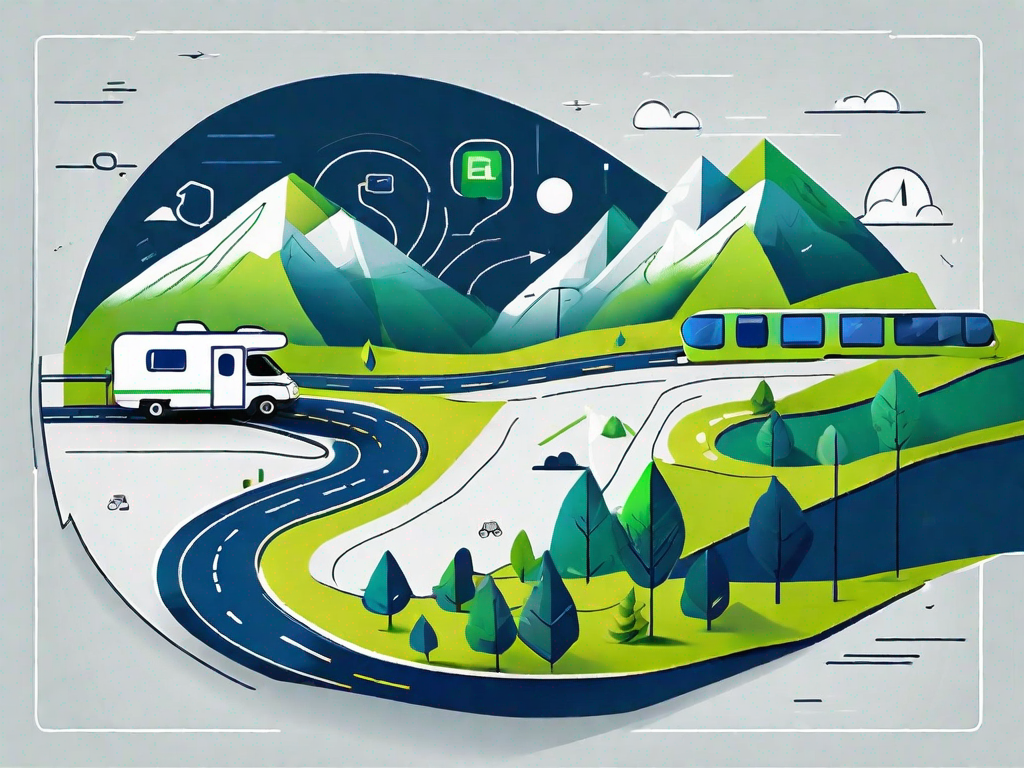 Digital Drive: Navigating the Landscape of Digital Marketing for RV Dealerships 1 An rv driving on a road that is winding through a landscape made up of digital marketing symbols like seo