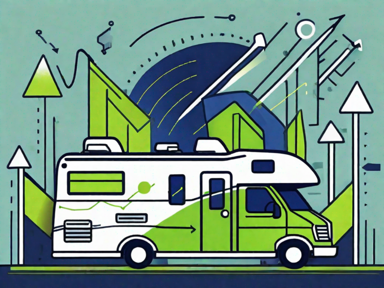 Accelerate Sales: 6 Expert Strategies for Effective RV Dealer Marketing 10 A recreational vehicle (rv) with symbols of growth (like upward arrows) and marketing tools (like megaphones