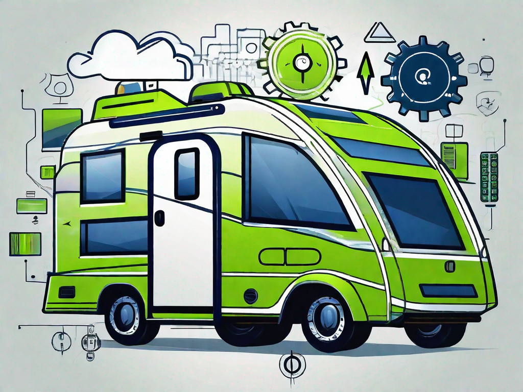 Tech Revolution: Maximizing Efficiency with Cutting-Edge RV Dealership Software 1 A modern rv (recreational vehicle) surrounded by digital icons symbolizing efficiency and cutting-edge technology