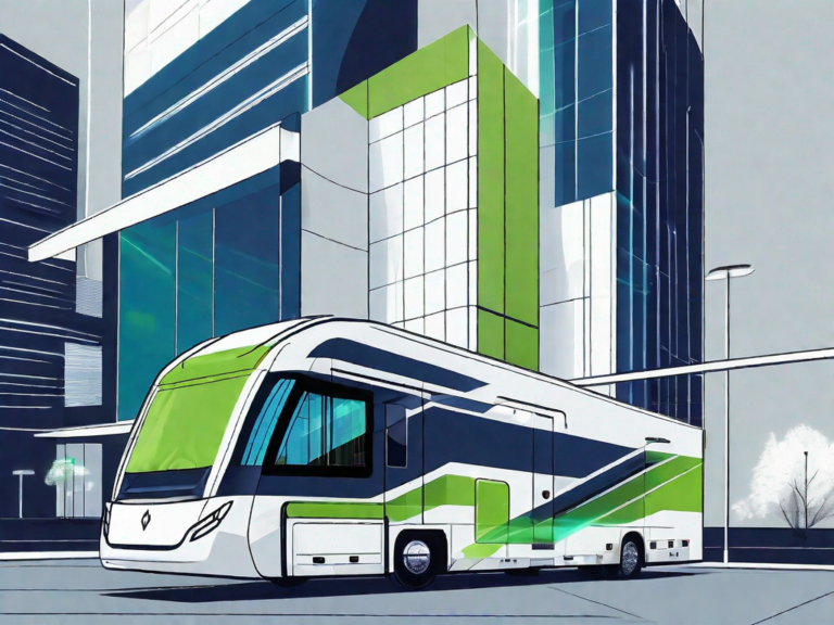 Tech Leadership: A Guide to Implementing RV Dealership Management Software 1 A sleek rv parked near a modern office building with digital interfaces and holographic screens floating around it