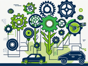 A car dealership with various seo-related symbols (like a magnifying glass