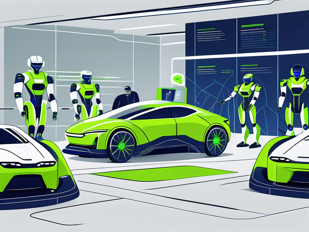 The Future of Auto Sales: Harnessing AI for Your Dealership 1 A futuristic car dealership with ai-powered robots servicing the cars