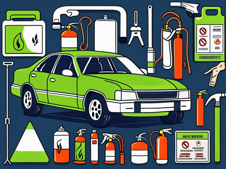 Dealership Safety Checklists You Need Review Right Now 10 A car dealership with various safety signs and tools such as a fire extinguisher