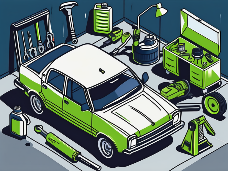 How to Offer a Car Maintenance Plan That Keeps Everybody Happy 9 A car in a garage surrounded by various car maintenance tools like a wrench