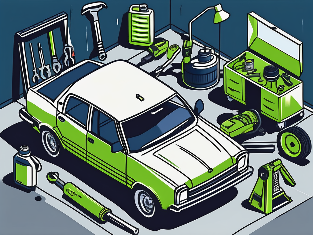 How to Offer a Car Maintenance Plan That Keeps Everybody Happy 1 A car in a garage surrounded by various car maintenance tools like a wrench