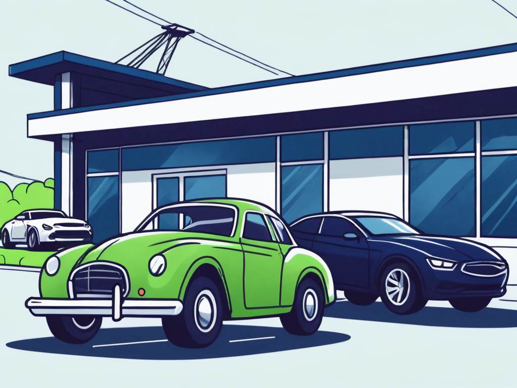 How to Stop Online Car Retailers From Putting Your Dealership Out of Business 1 A traditional car dealership building on one side and a digital tablet displaying a car on the other