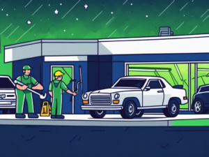 A car dealership with a large