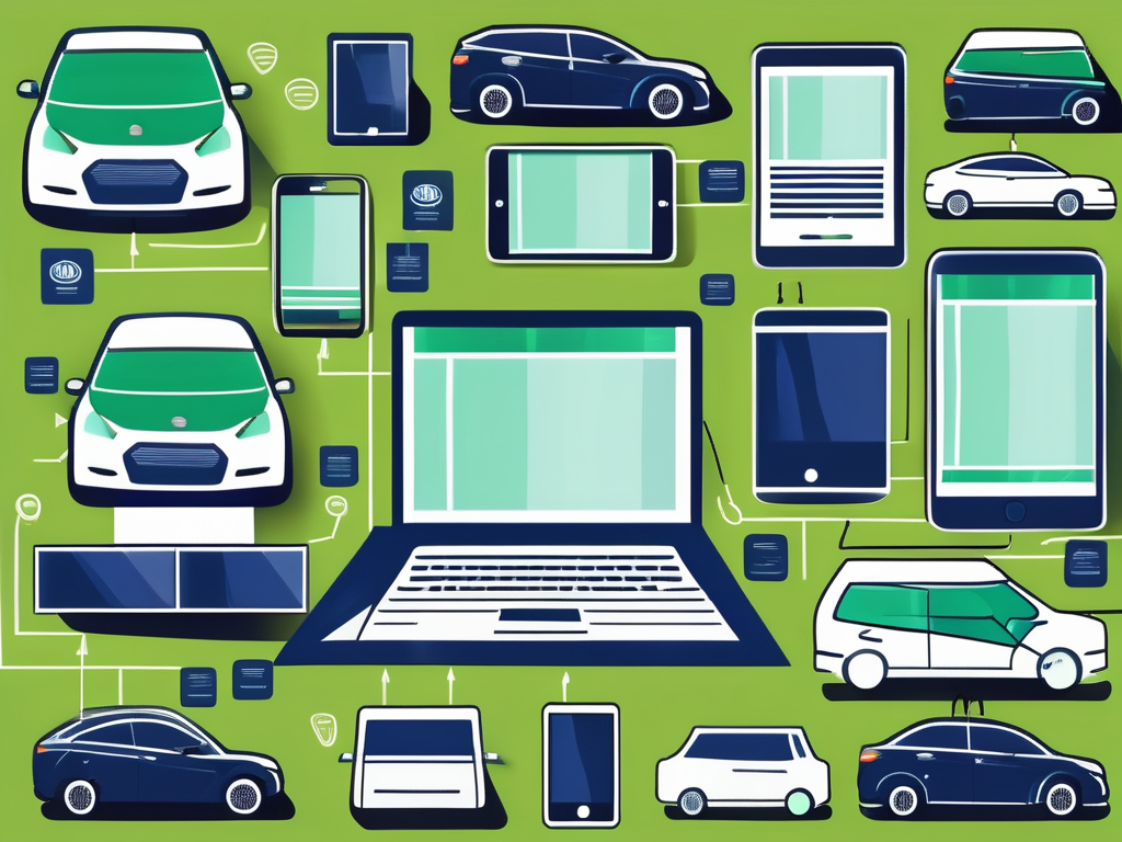 10 Destructive Dealership Digital Marketing Mistakes You Need to Avoid 1 A car dealership with various digital devices like a smartphone