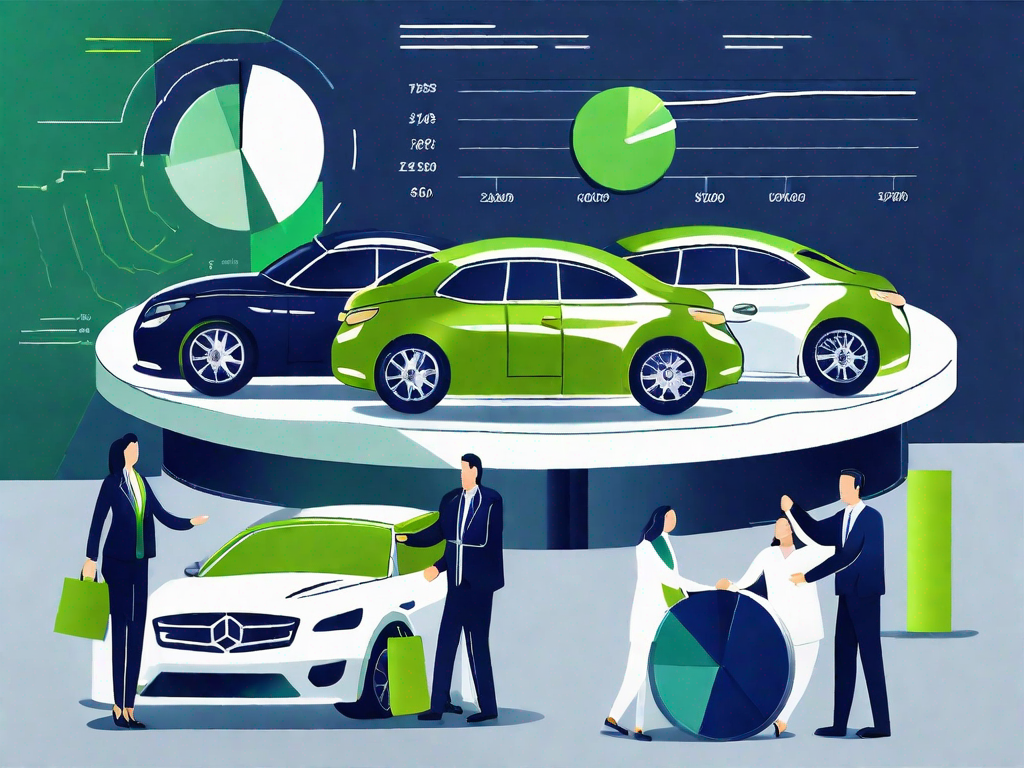 Driving Financial Success: Expert Strategies to Effectively Manage Expenses in Your Auto Dealership 1 A bustling auto dealership with various car models and a large pie chart symbolizing the balanced financial management of expenses