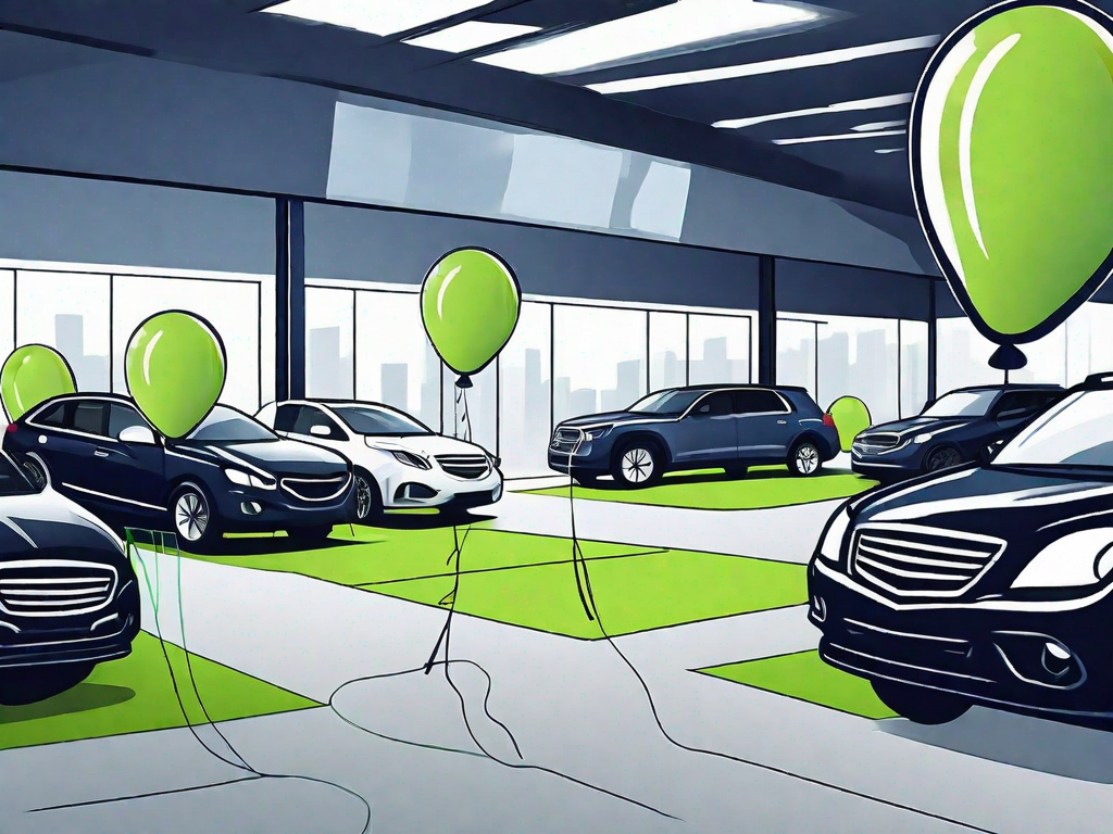 10 Creative Car Salesman Marketing Ideas 1 A car dealership lot with various creative elements like colorful balloons tied to cars