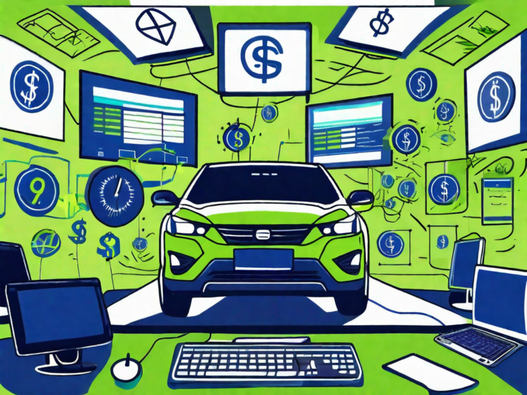 Navigating Finances: 10 Reasons to Choose Auto Dealership Accounting Software 5 A car dealership with various financial symbols like currency signs and calculators floating around