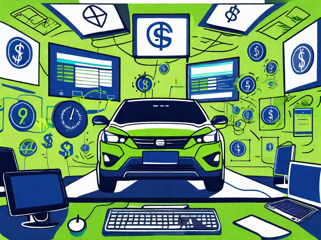 Navigating Finances: 10 Reasons to Choose Auto Dealership Accounting Software 1 A car dealership with various financial symbols like currency signs and calculators floating around