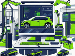 A car dealership lot with a computer screen showing a reconditioning software interface