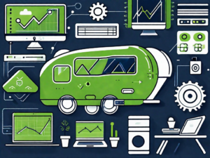 A sleek rv with various digital icons (like gears