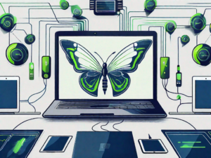 A used auto dealership with various technology devices like computers and tablets