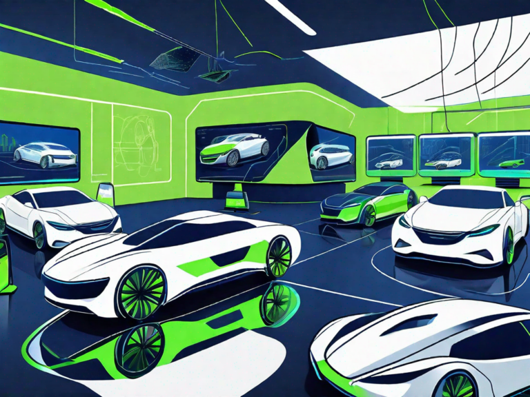 Innovative Marketing Strategies for Auto Dealerships: Staying Ahead in the Game 8 A futuristic car dealership with digital screens displaying various car models