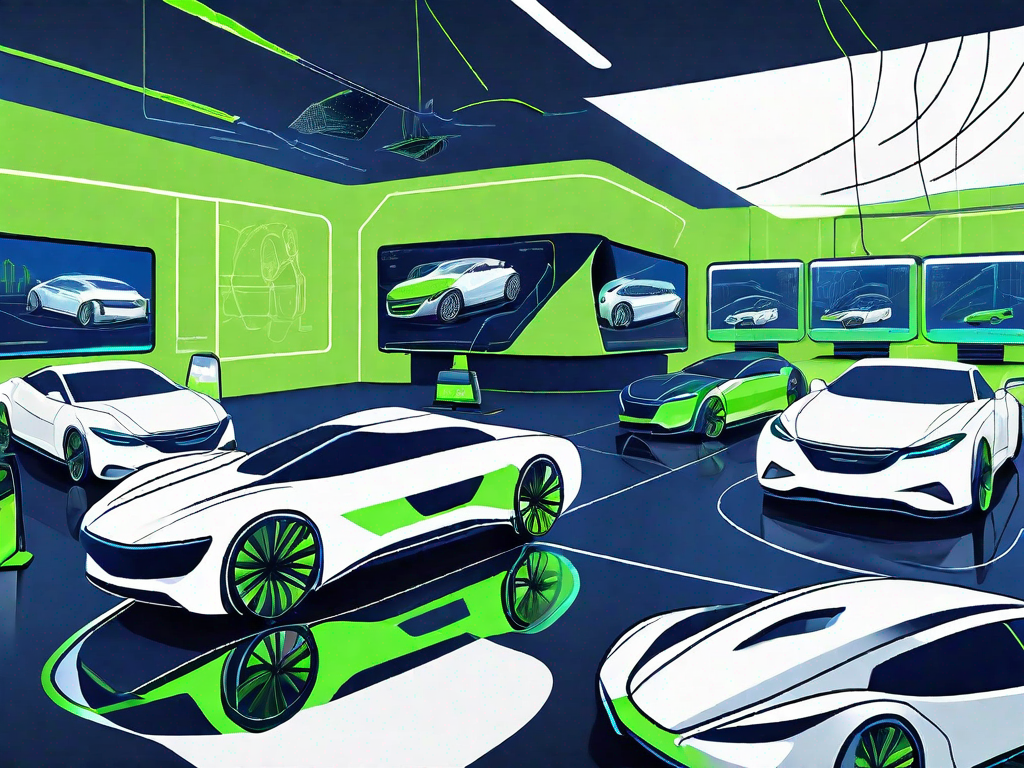 Innovative Marketing Strategies for Auto Dealerships: Staying Ahead in the Game 1 A futuristic car dealership with digital screens displaying various car models