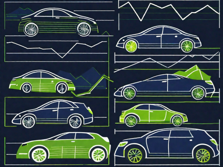 The Power of Data-Driven Decision Making in Car Sales Management 9 A car dealership lot with different types of cars and a large graph overlay indicating sales data