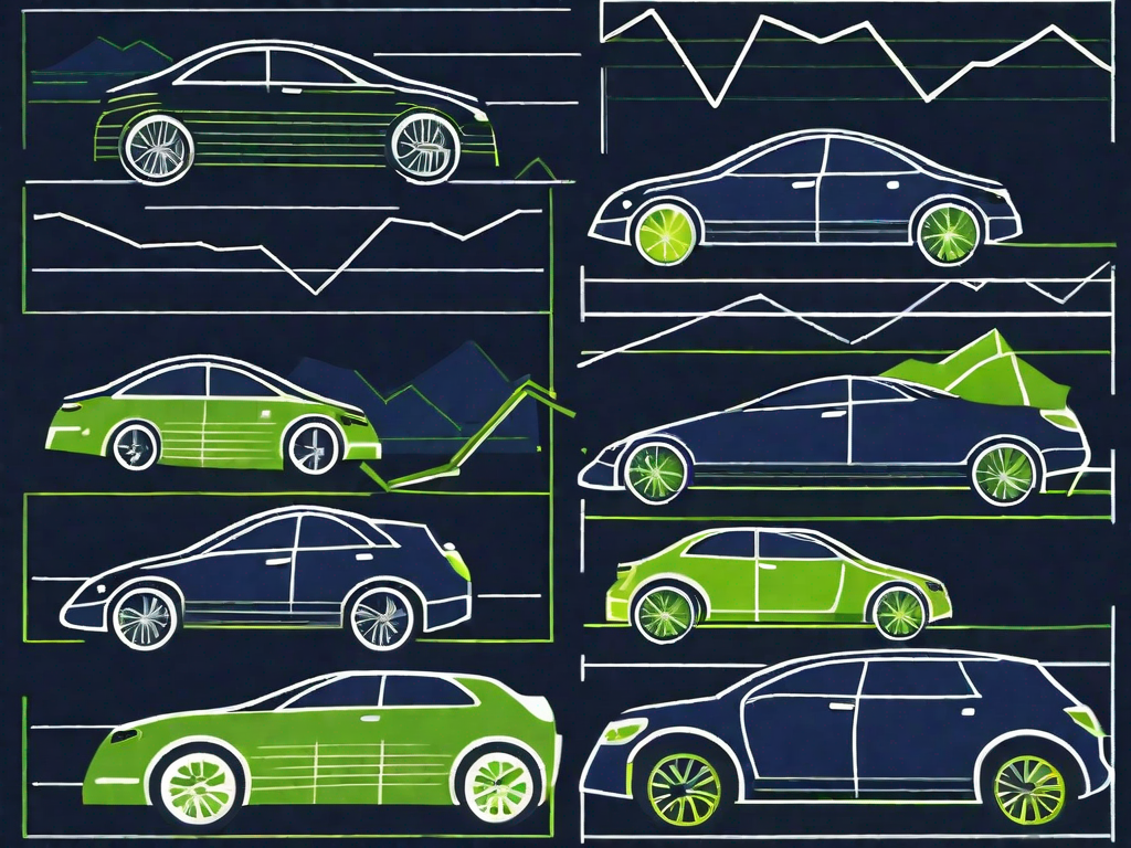 The Power of Data-Driven Decision Making in Car Sales Management 1 A car dealership lot with different types of cars and a large graph overlay indicating sales data