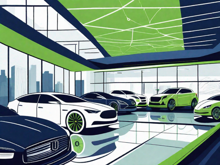 Optimizing Websites for Car Dealerships: Enhancing Online Presence 4 A sleek car dealership with various types of cars displayed against the backdrop of a large computer screen symbolizing the online presence