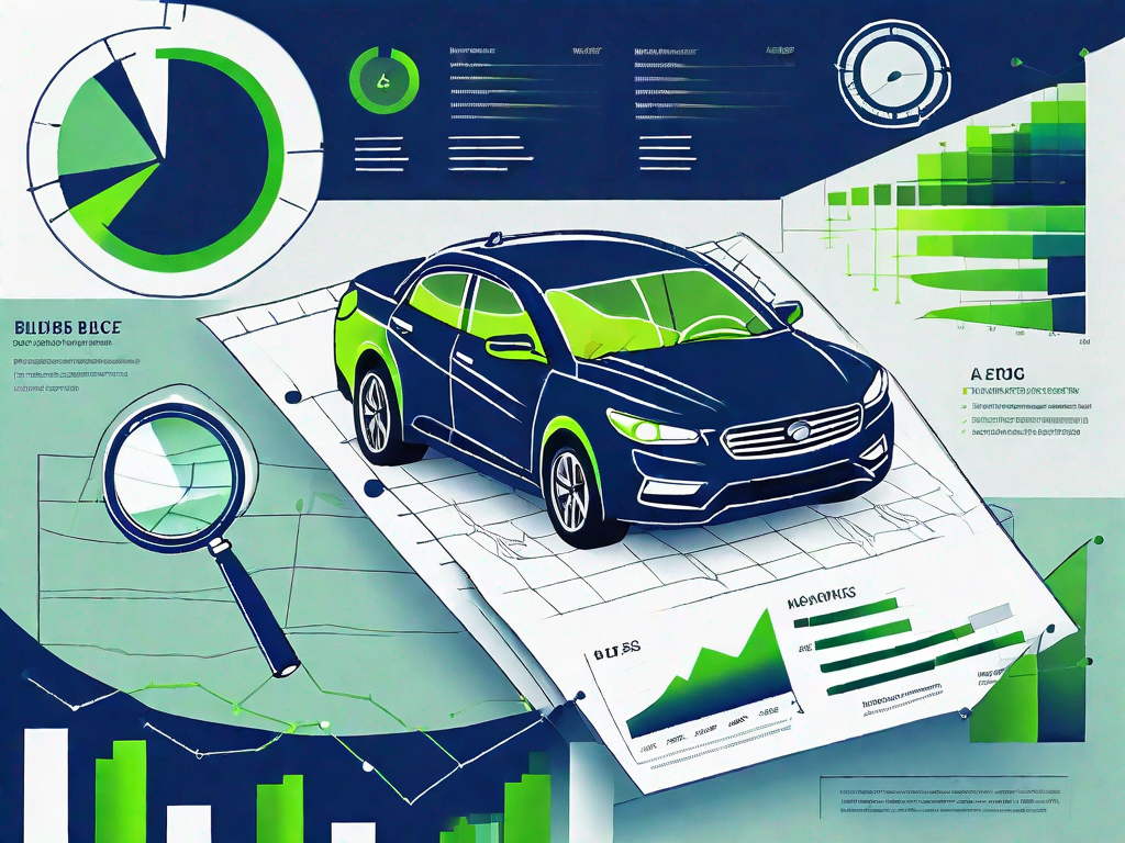 Decoding Dealership Analytics: Key Metrics to Watch 1 A magnifying glass hovering over a car dealership with various analytical graphs and charts floating around it